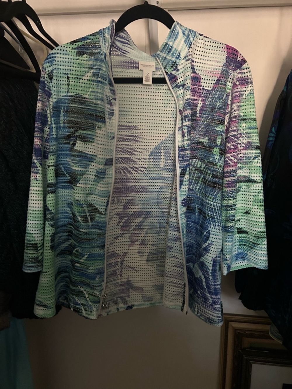 Chico's Weekend Watercolor Perforated Zip Jacket in Mint, Blue & Purple